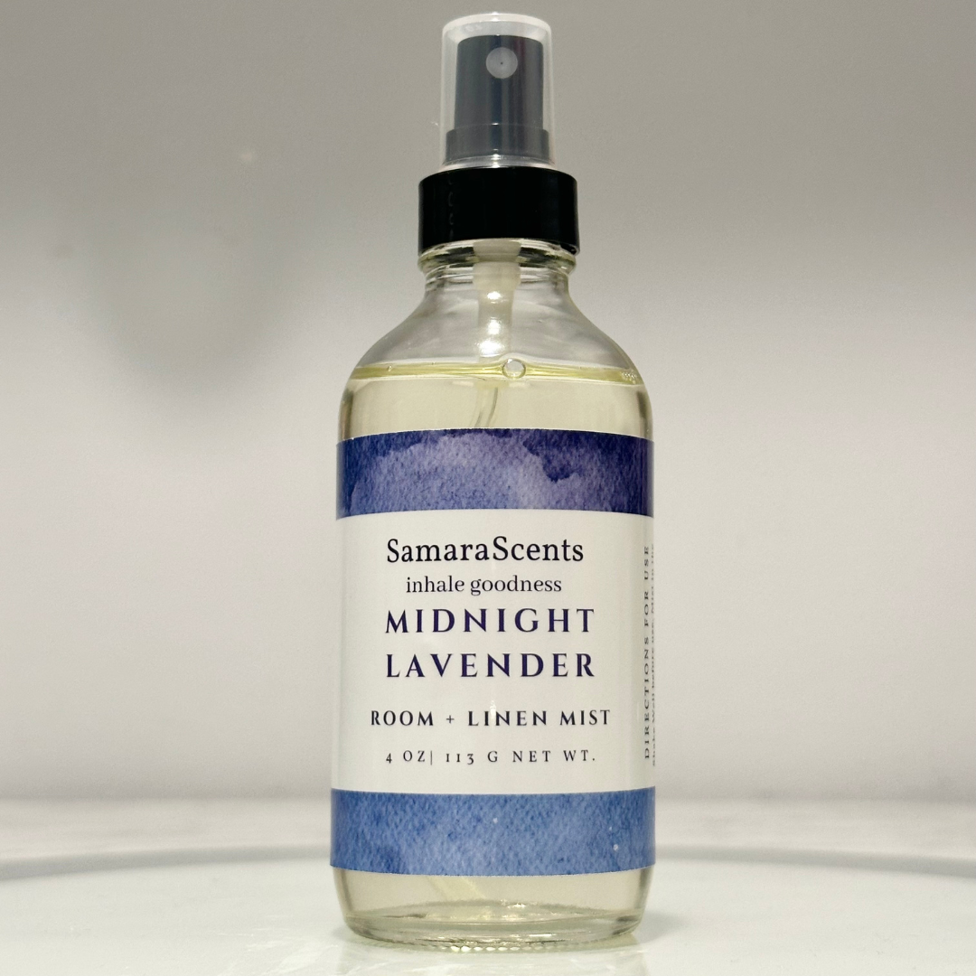 Midnight Lavender Multi-Purpose Room & Linen Spray bottle with relaxing lavender and eucalyptus scent. Front view